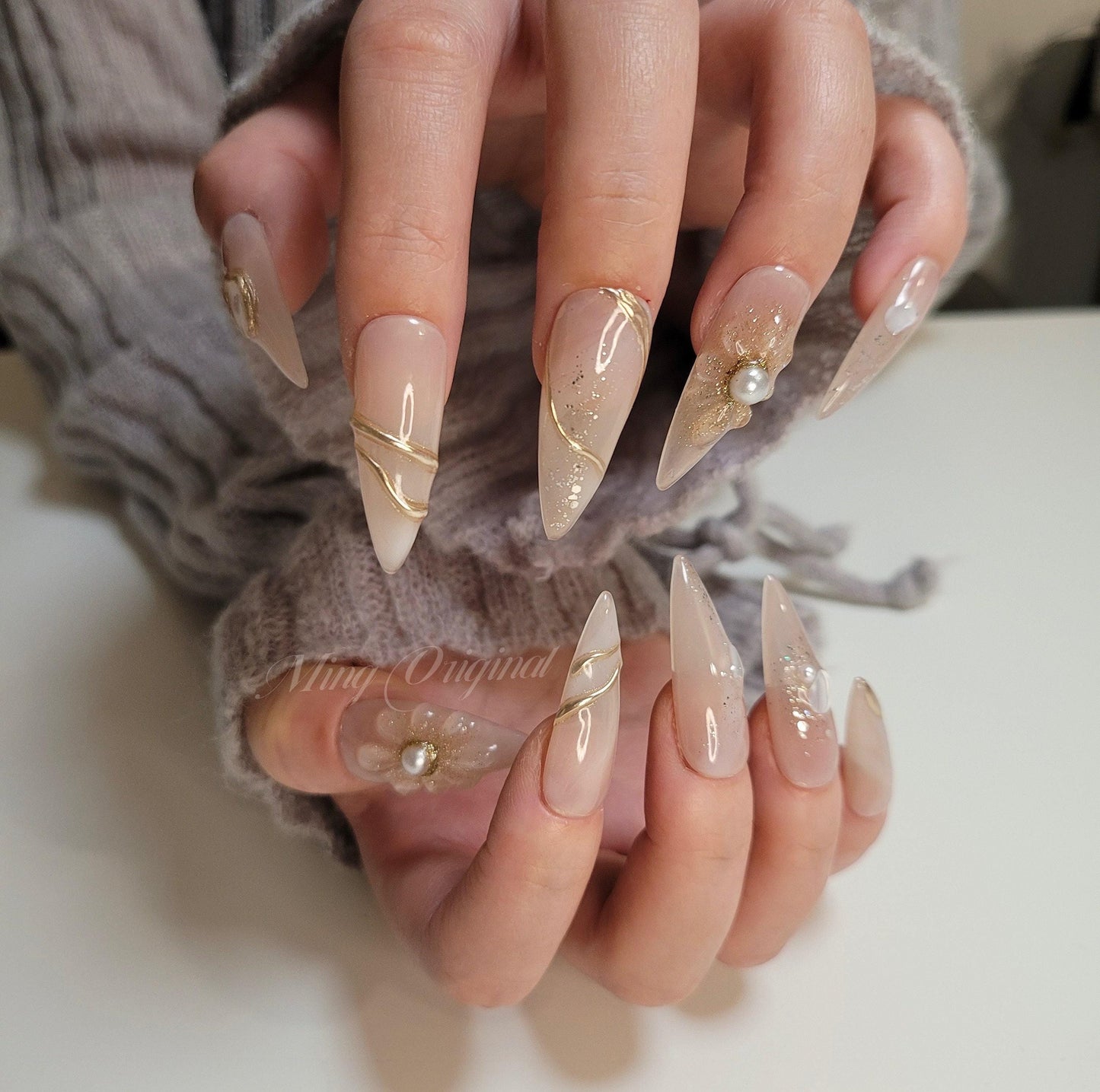 3D Free Style Nude Flower press on nails, Seashell with pearl reusable nail, chrome, diamond reflective glitter jelly fake nail