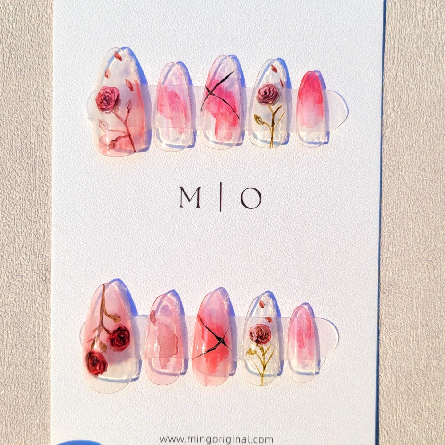 Water color Red Rose Flower art nail, premium salon Press on Nail, Handmade gel Nails, hand painted