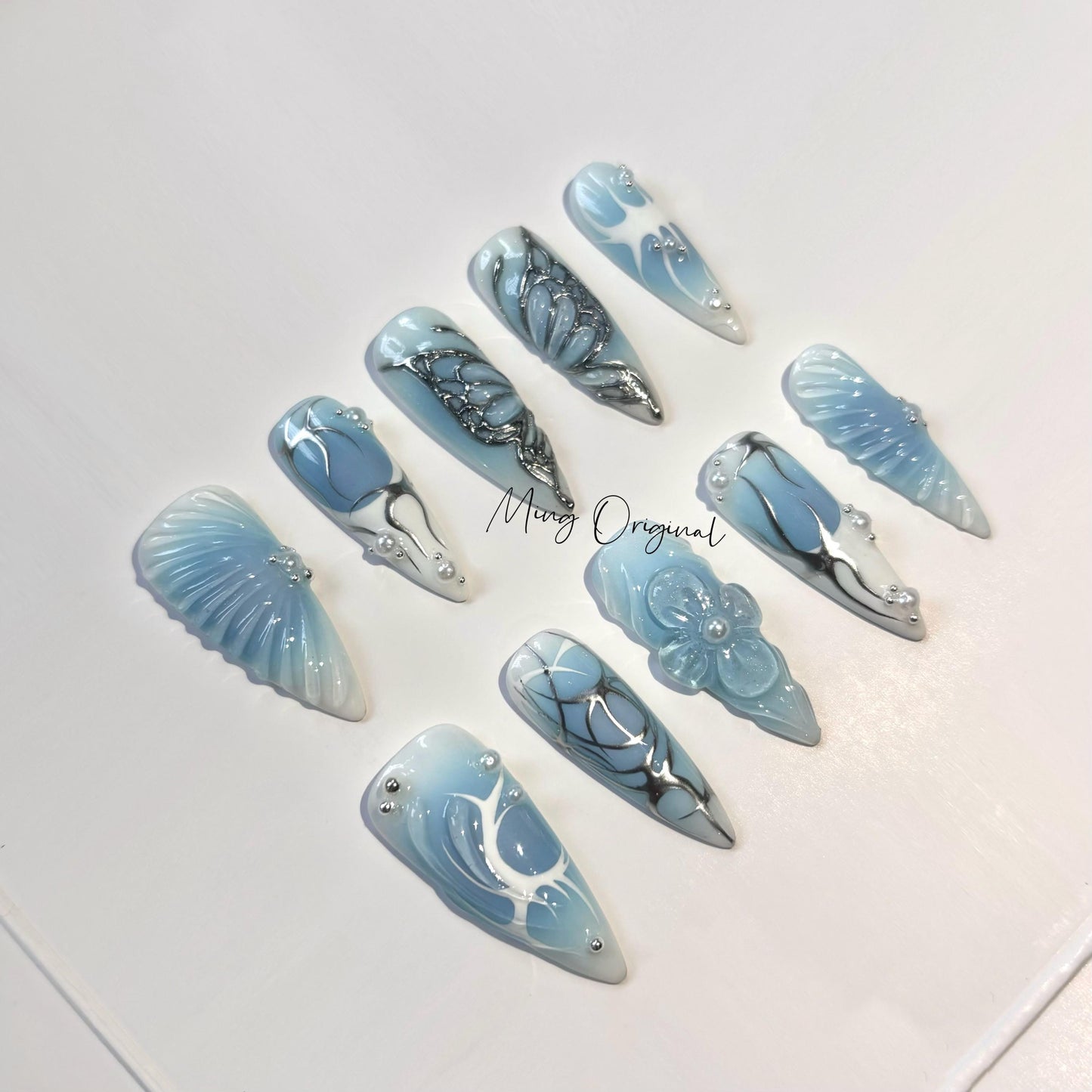Free style silver Metallic chrome butterfly gothic Nail press on, blue 3d flower glue on fake nail, holiday birthday gift for her, MO323