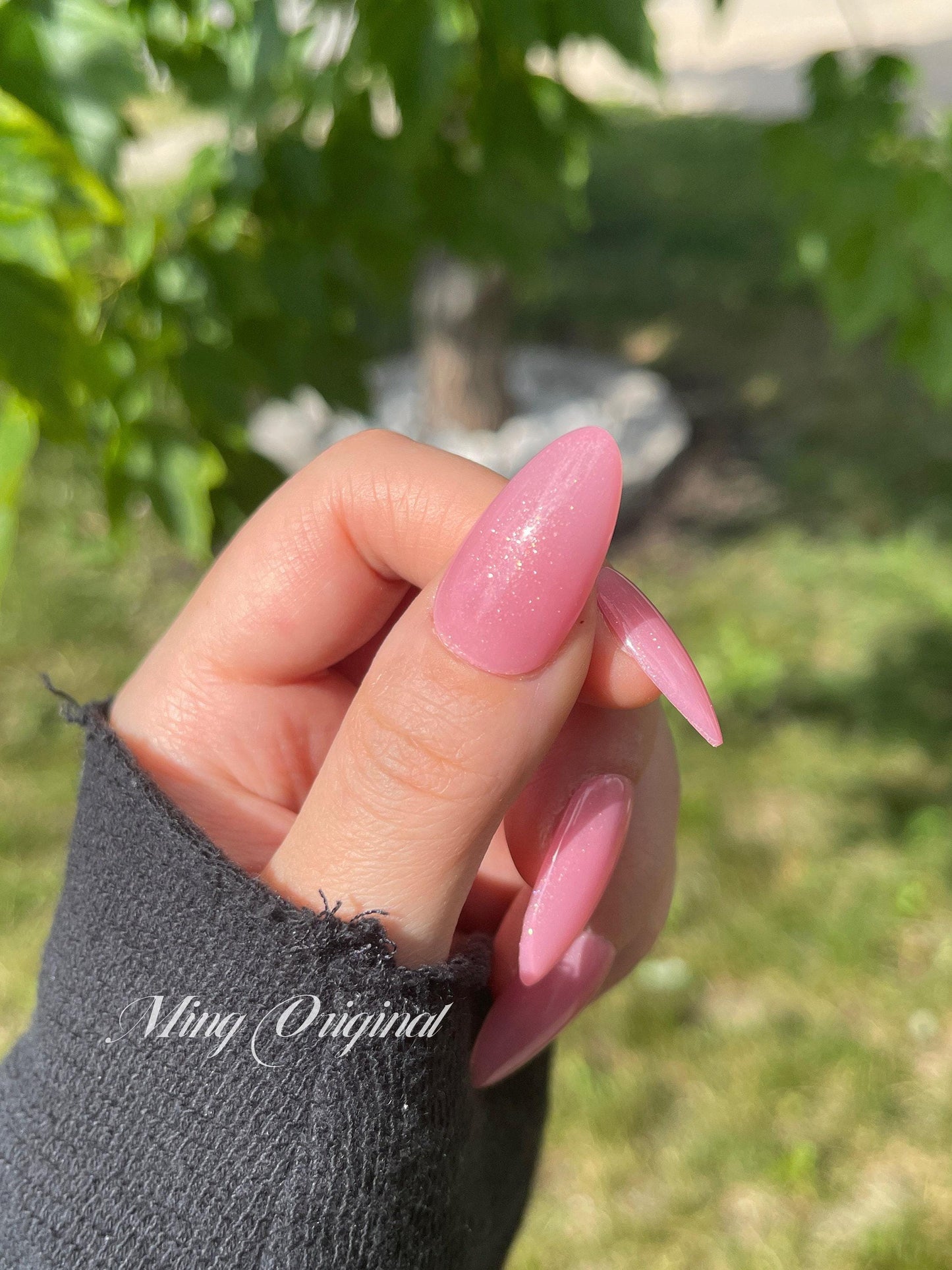 Jelly pink with gold shimmer press on nails, glue on nails, reuse nails, jelly fake nail, glitter shine gel nail
