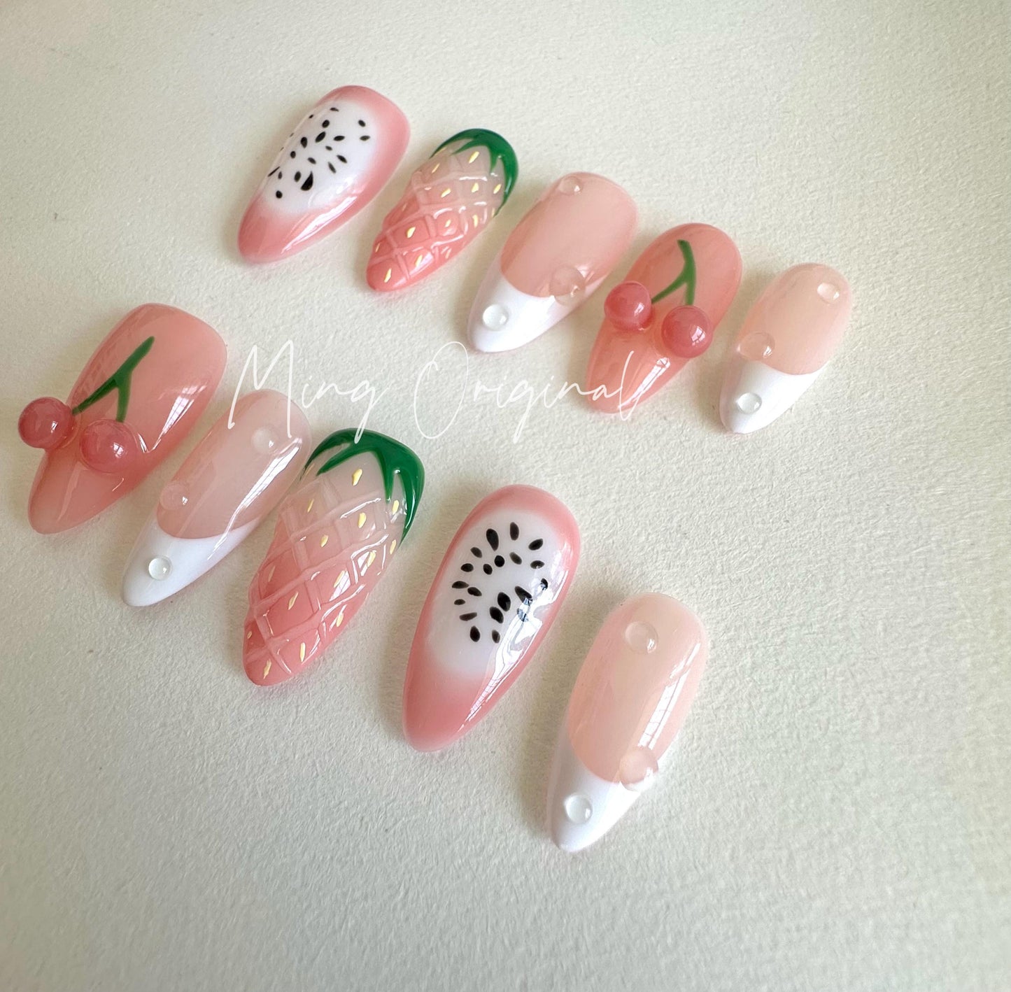 Summer Pink Cherry Fruit Lover press on nails,Fresh Look Candy Color Gifts for Her, strawberry Kiwi Watermelon