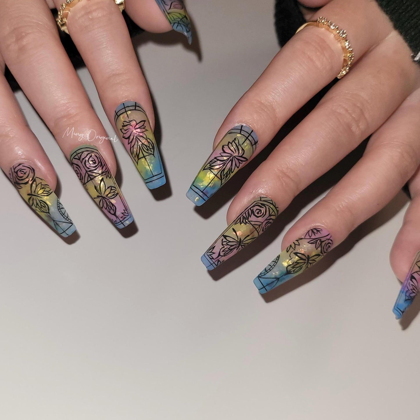 Stained Glass Window Free style Glitter Water Color press on nails, ombre rainbow color matching, hand painted nail, holiday gift for her
