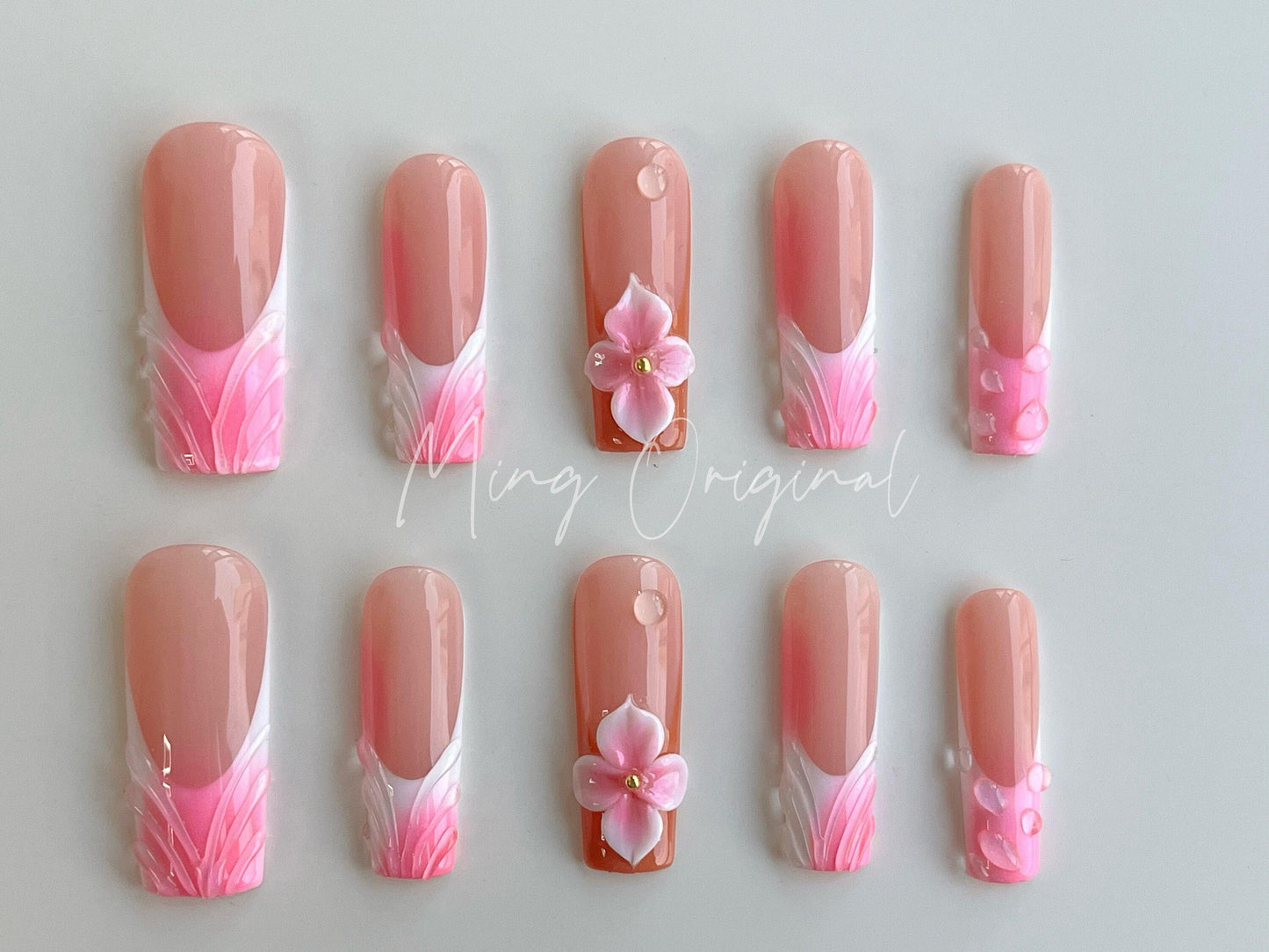 Summer Flower 3D Free Style press on nails, Fairycore Floral Nail, Pink French Tip, Vibrant airbrush ombre