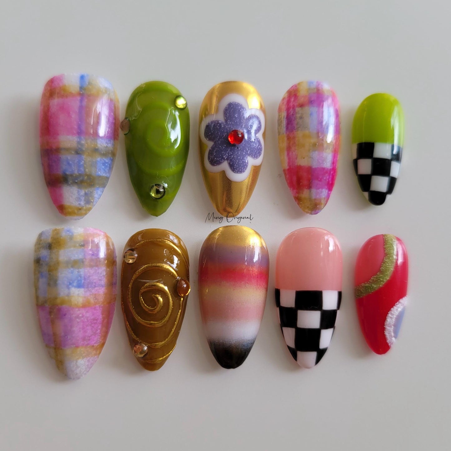 Rainbow plaid pattern with cute flower Press on Nails, blanket inspired, checkerboard glue on nail, holiday birthday gift for her,MO403