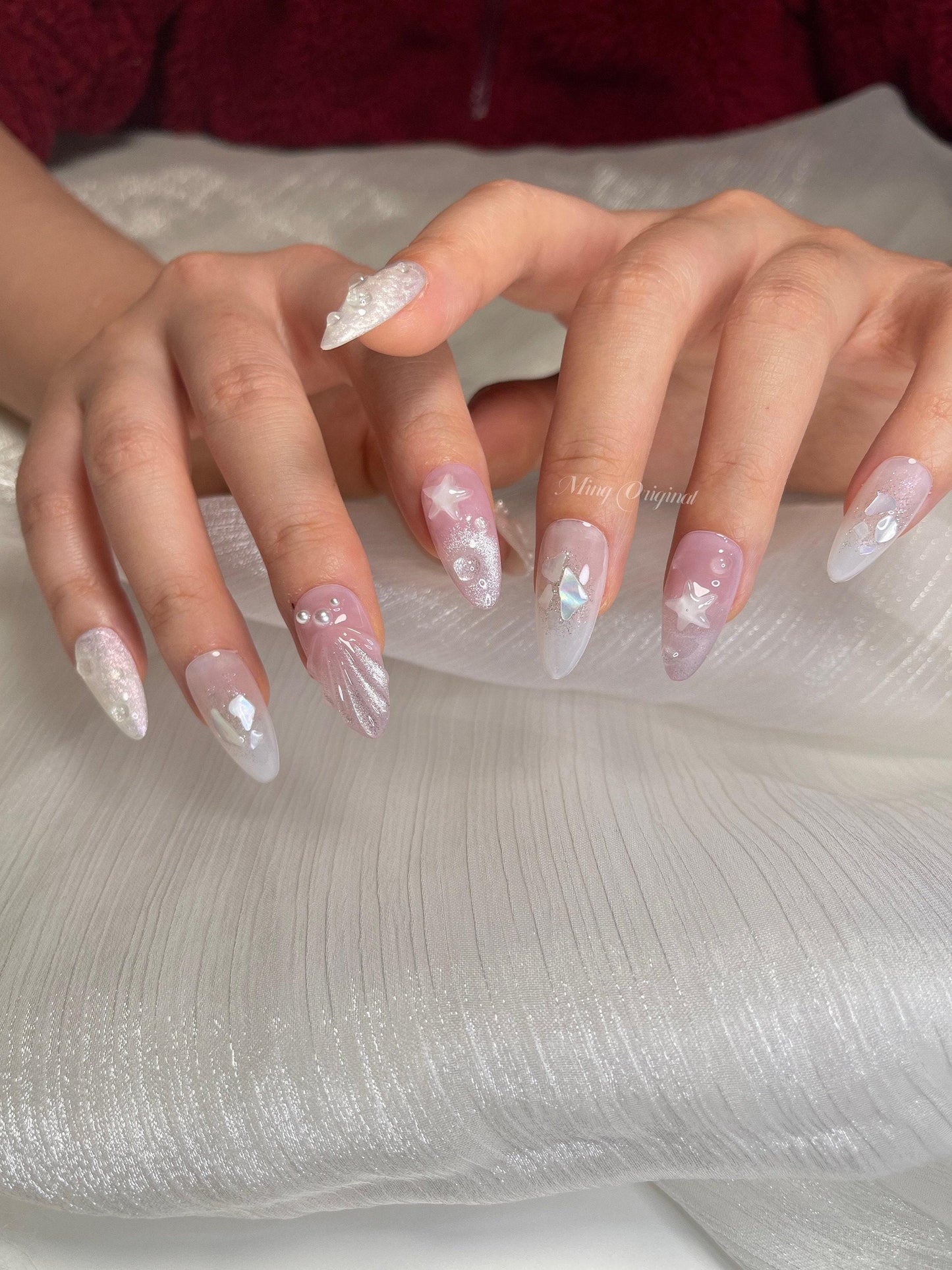 3D Star Mermaid Cat Eye press on nails, Seashell with pearl reusable nail, jelly fake nail, sparkle crystal jewel nail