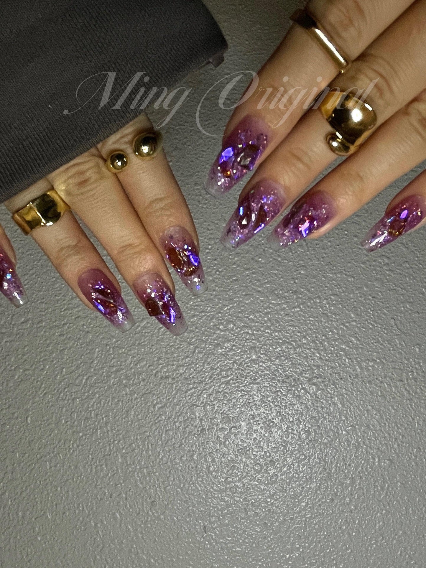 Purple Aurora gem crystal holographic glittery Nail press on, Fake nails, ombre Handmade Gel Nails, jelly Nails
