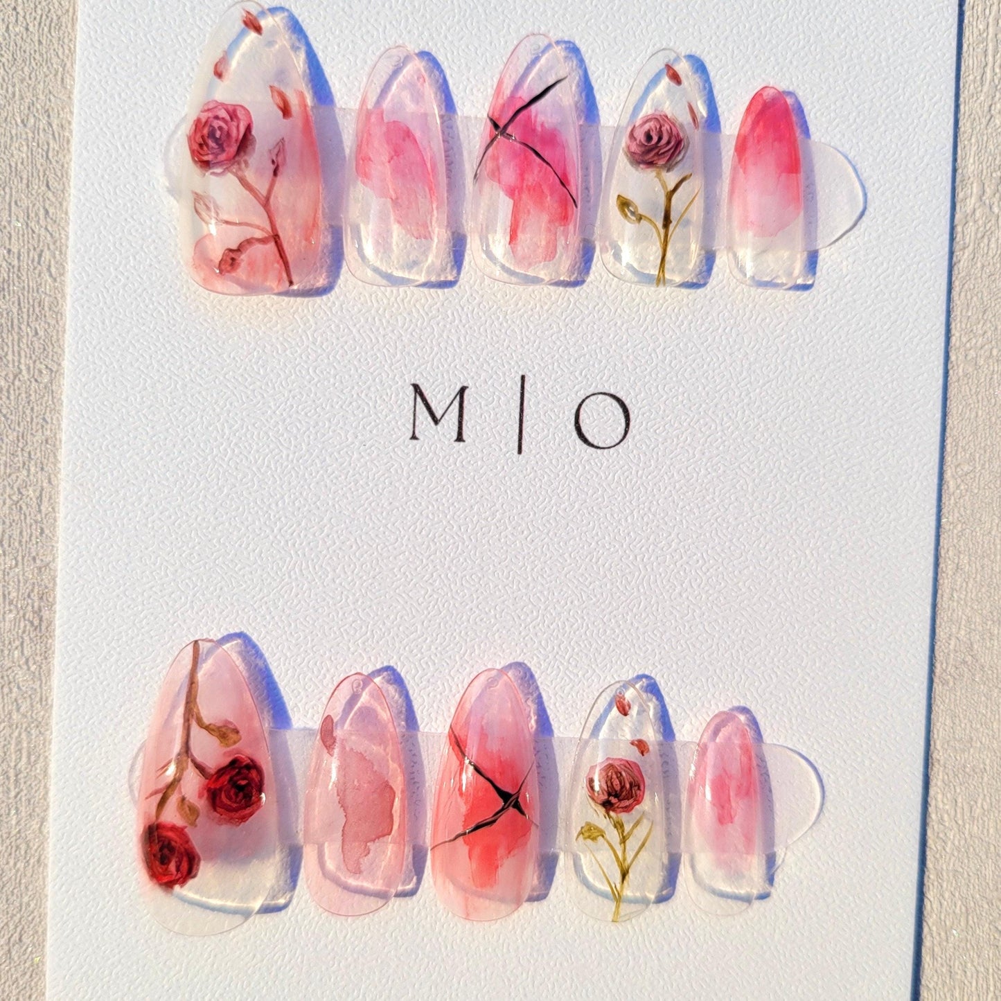 Water color Red Rose Flower art nail, premium salon Press on Nail, Handmade gel Nails, hand painted