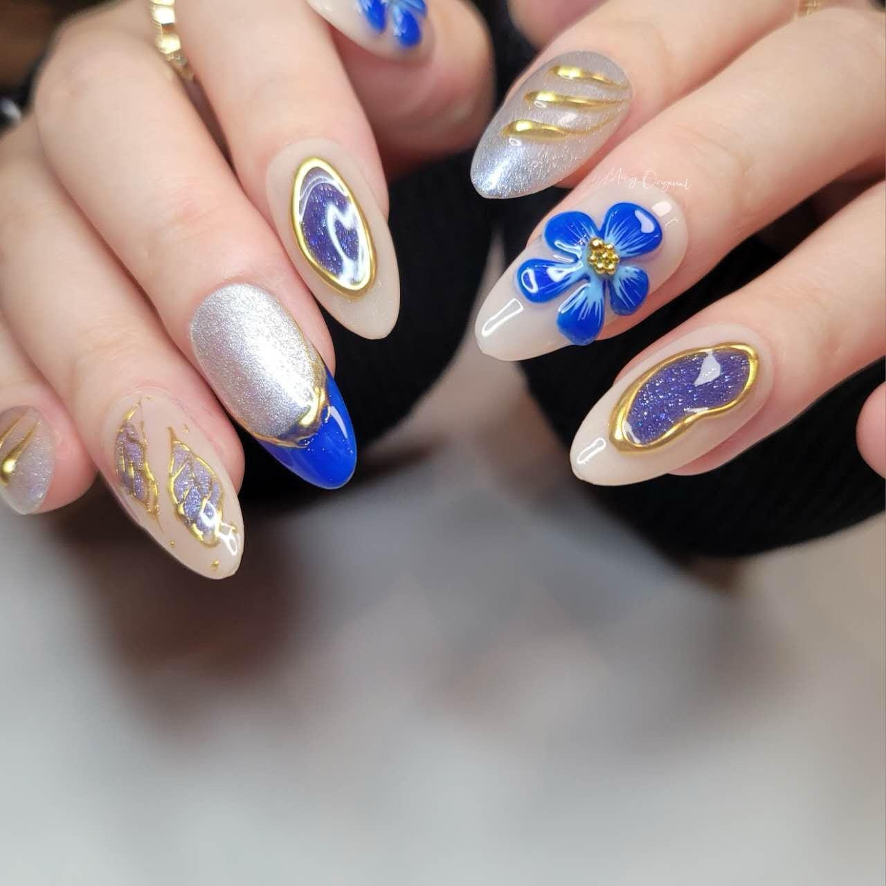 Glittery Handmade 3d Blue Orchid lily flower Press on Nails, sculpted Fairycore Sunset Tropical Floral, gold chrome nail, gift for her