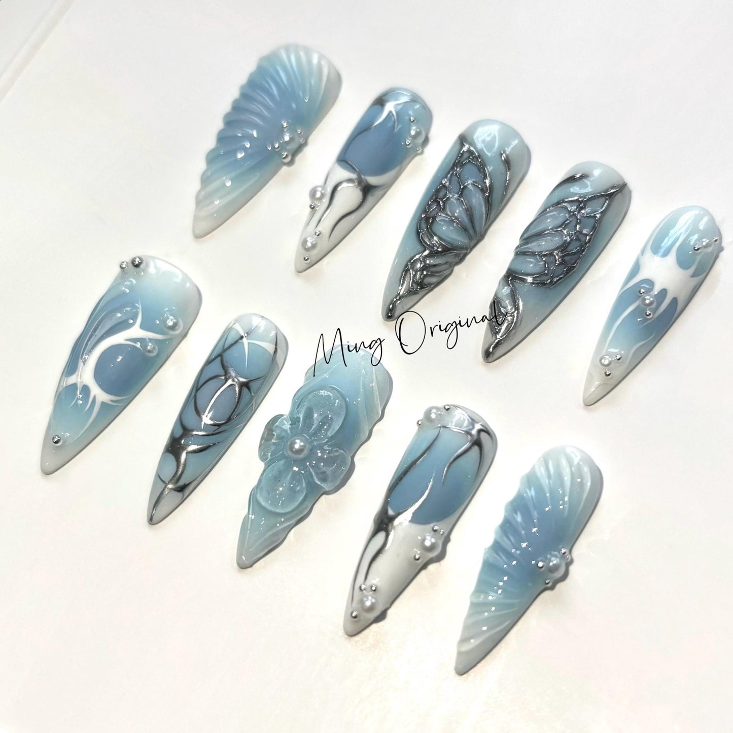 Free style silver Metallic chrome butterfly gothic Nail press on, blue 3d flower glue on fake nail, holiday birthday gift for her, MO323