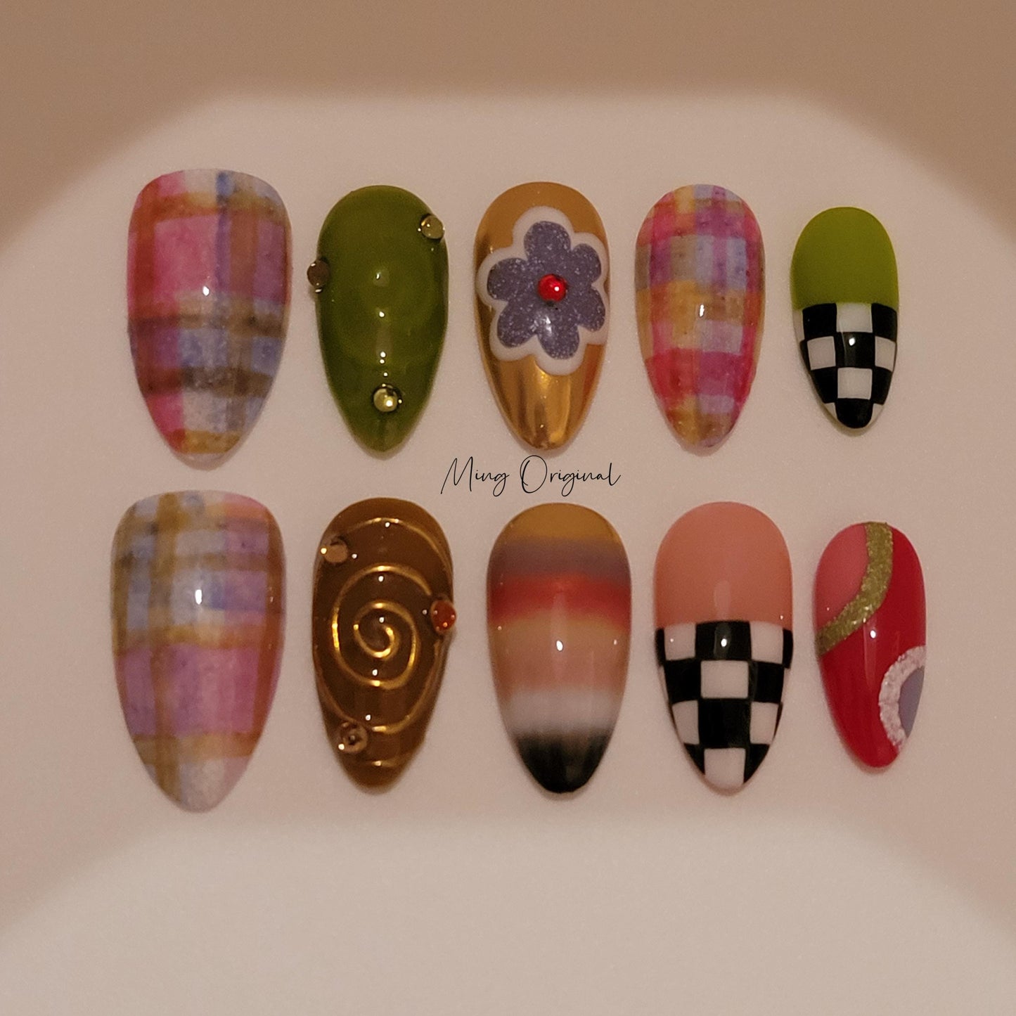 Rainbow plaid pattern with cute flower Press on Nails, blanket inspired, checkerboard glue on nail, holiday birthday gift for her,MO403