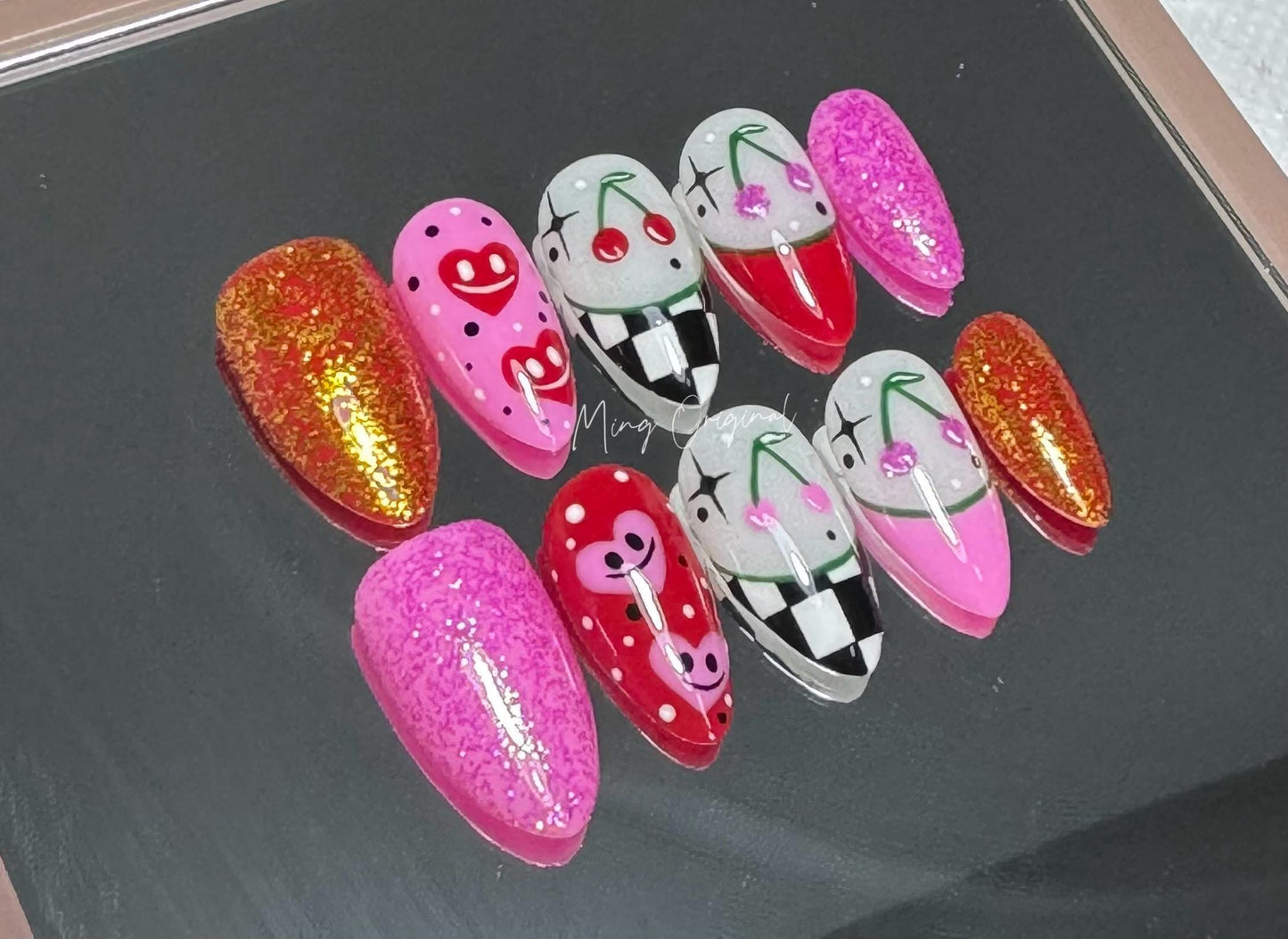 Cute checkerboard Free style pink heart Press on Nails, colorful cherry flower, girly cloud nail, hand painted Nails,