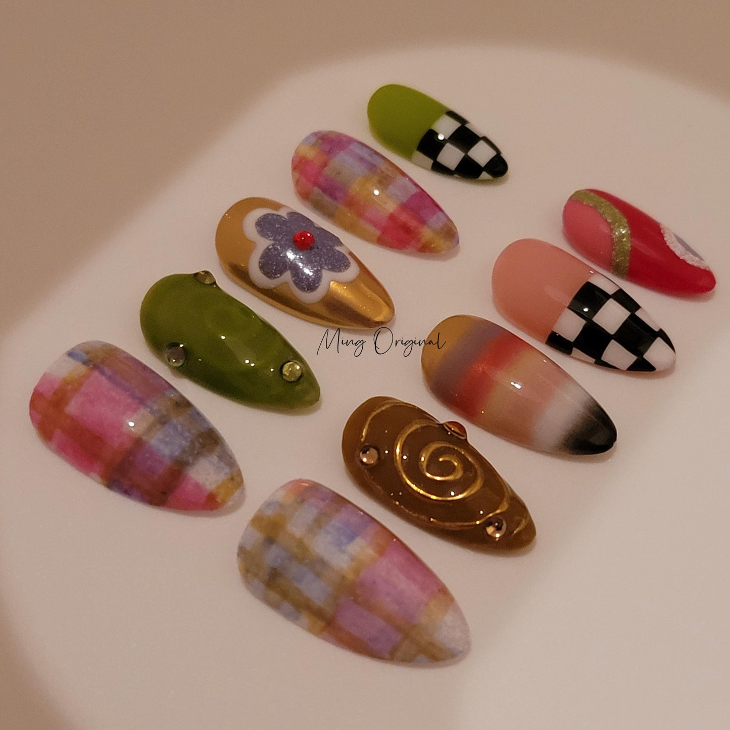 Rainbow plaid pattern with cute flower Press on Nails, blanket inspired, checkerboard glue on nail, holiday birthday gift for her,MO403