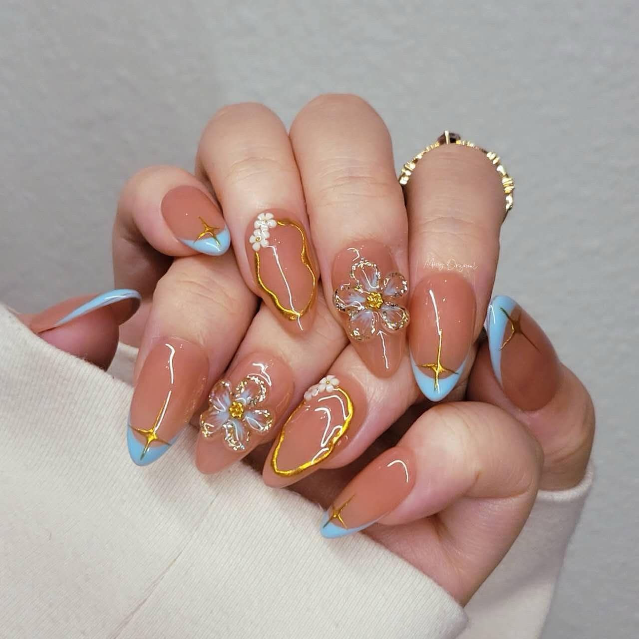 Candy color French tip, hand painted cute 3d jelly flower Press on Nails, gold star, gift for her