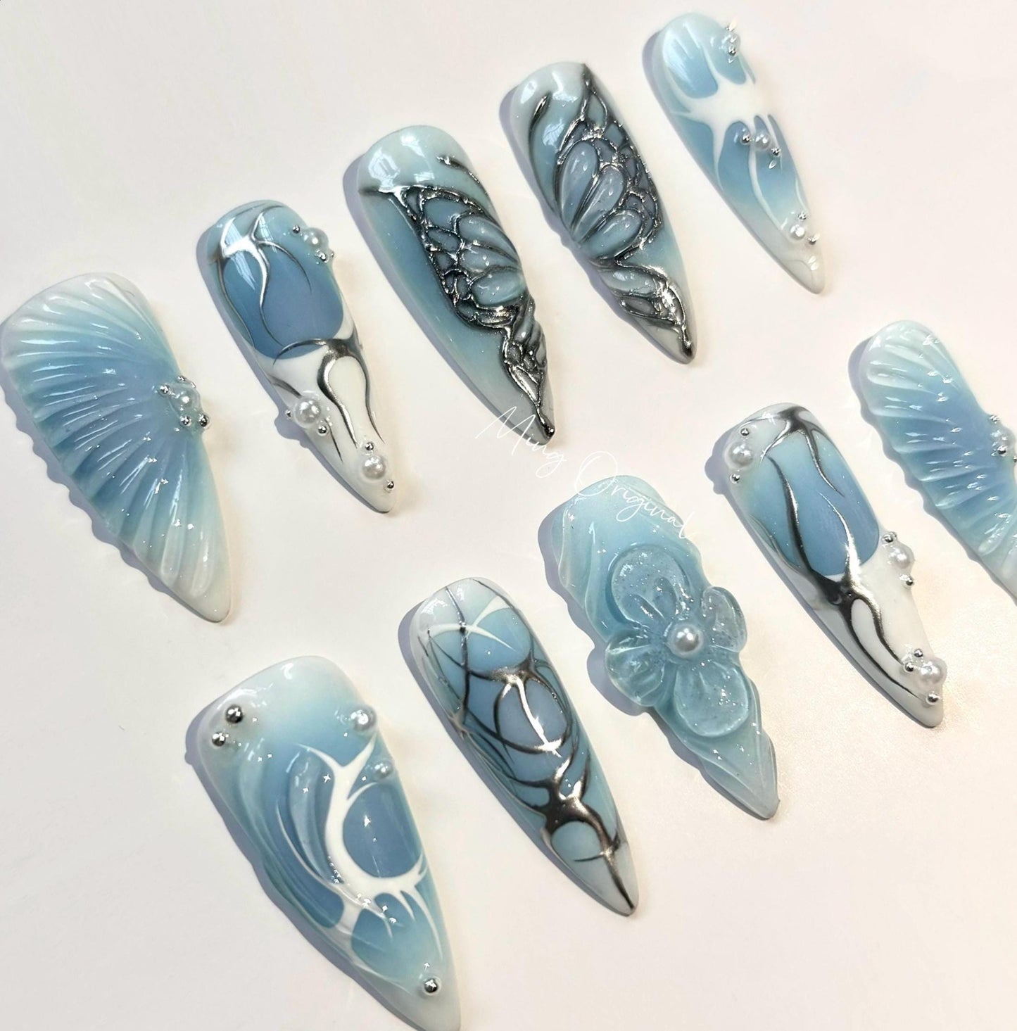 Free style silver Metallic chrome butterfly gothic Nail press on, blue 3d flower glue on fake nail, holiday birthday gift for her, MO323