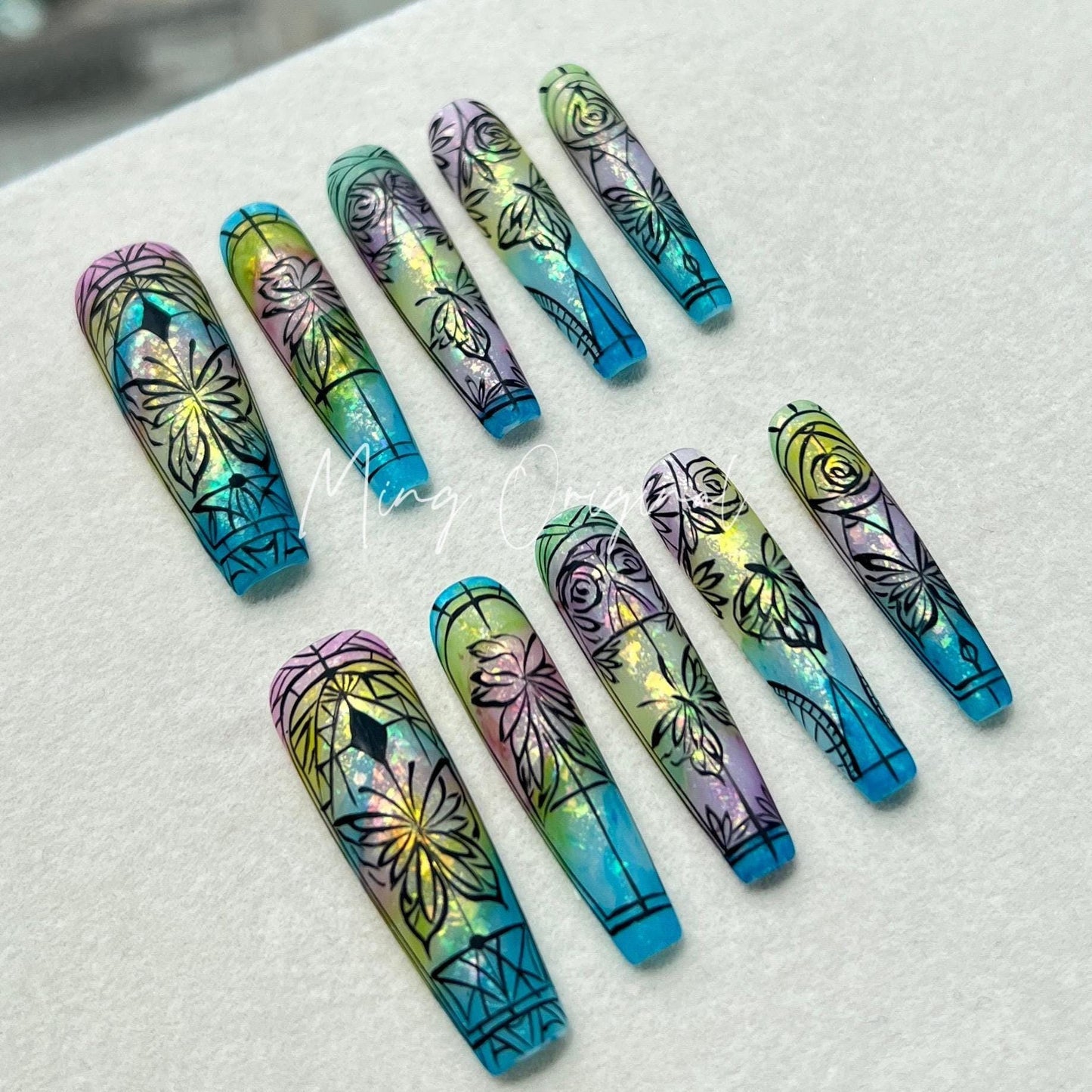 Stained Glass Window Free style Glitter Water Color press on nails, ombre rainbow color matching, hand painted nail, holiday gift for her