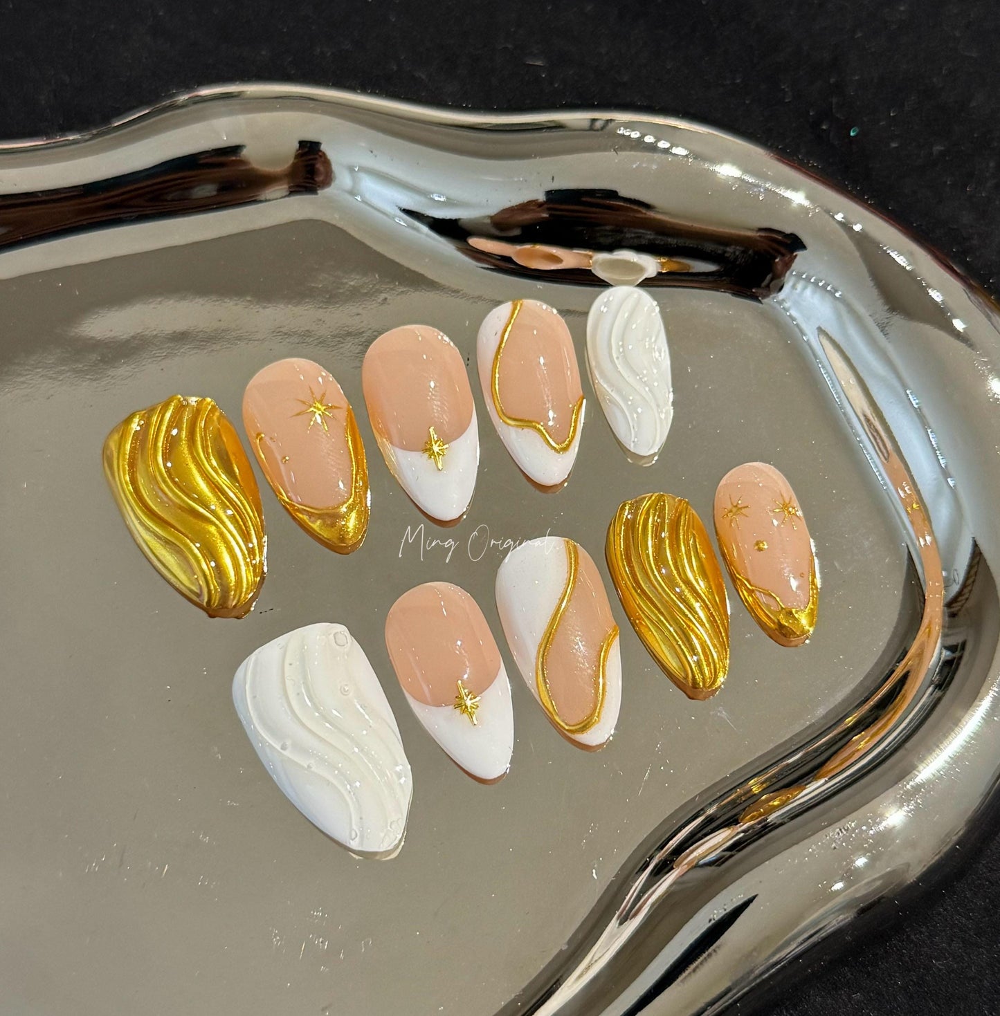 White and Gold press on nails,  3d chrome mirror star reusable nail, french tip nail, jelly fake nail, gift for her