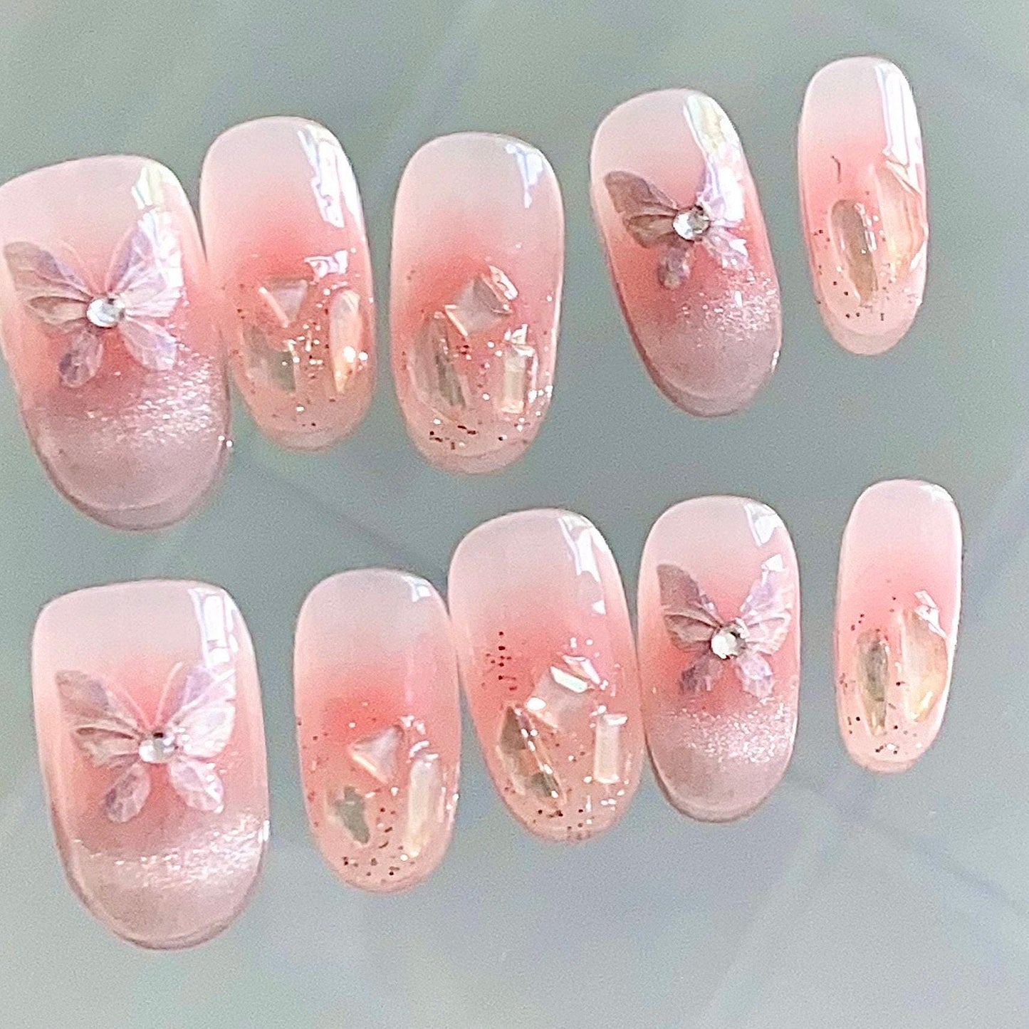 Butterfly press on art nail, french cat eye nails, blush nail, aura gem nail, glittery Handmade jelly nail