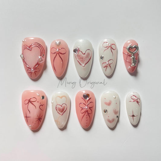 Little bit of sweet pink blush heart and bow coquette chrome Press on Nails, butterfly pastel ombre color handmade Nails, gift for her,MO460