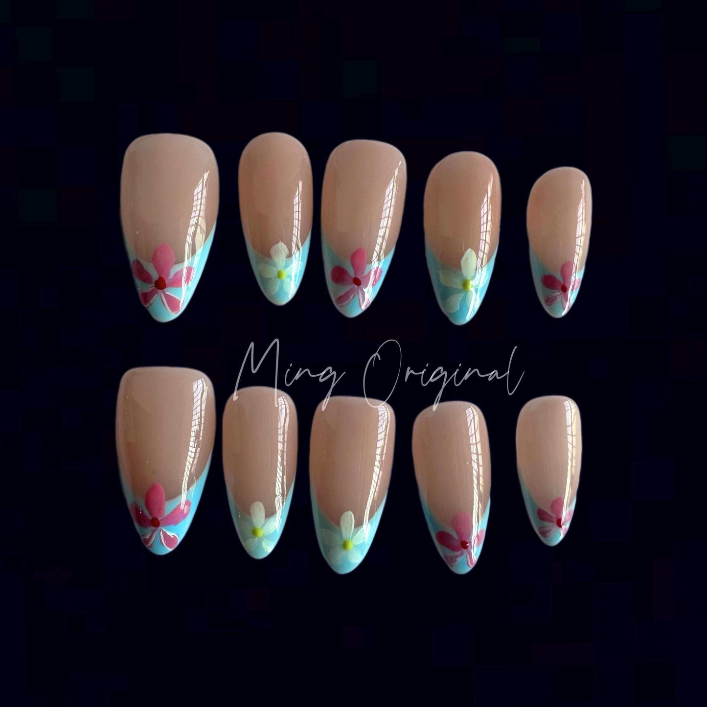 Blue French tip, hand painted wild flower Press on Nails, summer nail, gift for her