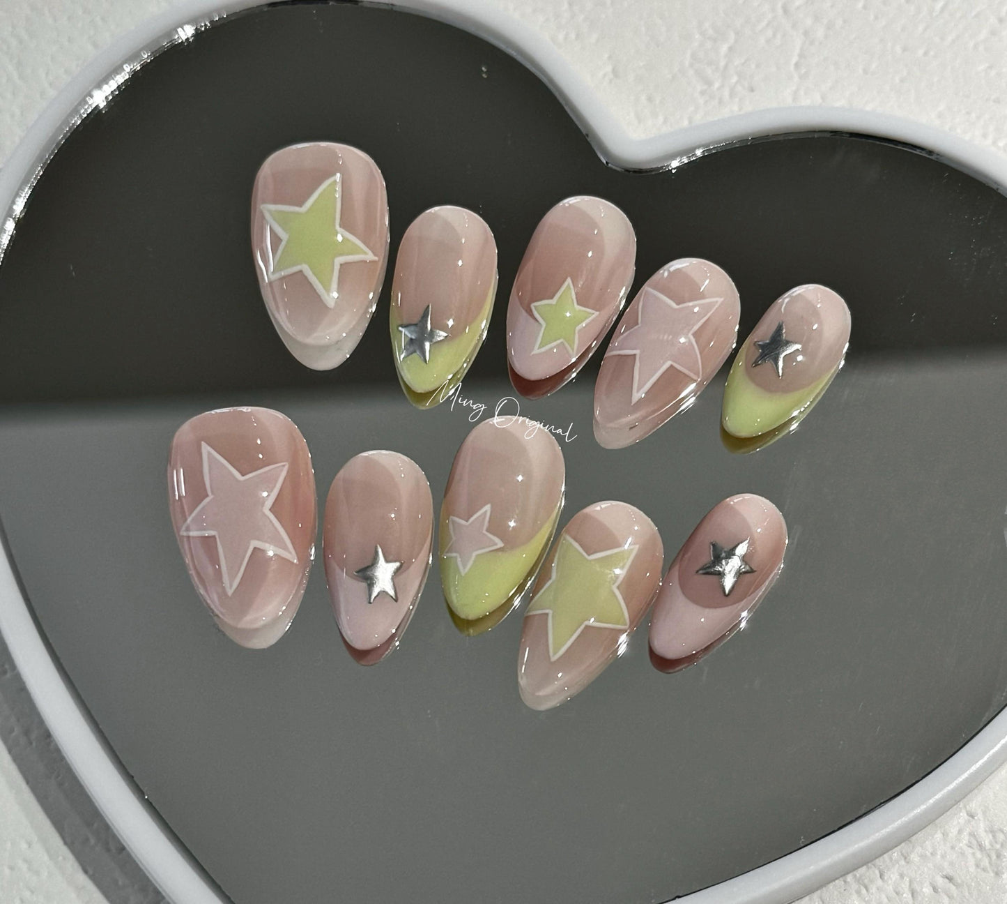 Cute Star Press on Nails, hand paint pink and green stars, bubble gum color French tip, macaroon color, glue on nail, fake nail, MO281