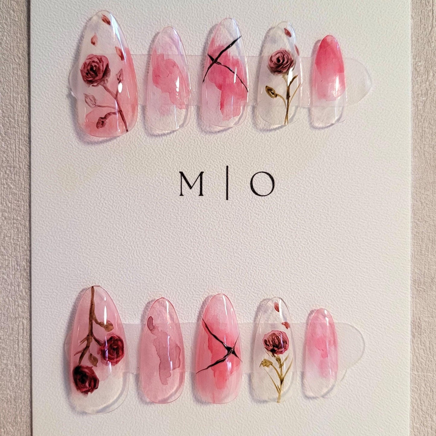 Water color Red Rose Flower art nail, premium salon Press on Nail, Handmade gel Nails, hand painted