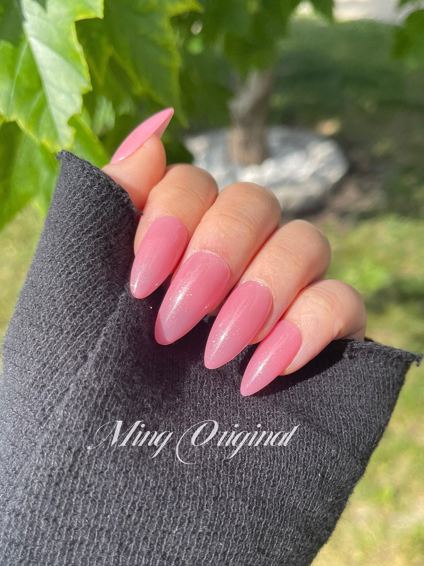 Jelly pink with gold shimmer press on nails, glue on nails, reuse nails, jelly fake nail, glitter shine gel nail