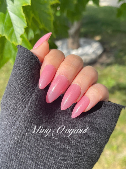 Jelly pink with gold shimmer press on nails, glue on nails, reuse nails, jelly fake nail, glitter shine gel nail