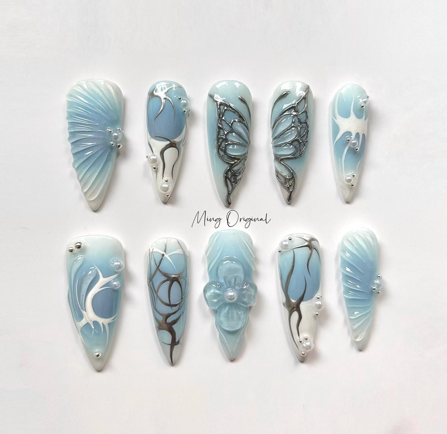 Free style silver Metallic chrome butterfly gothic Nail press on, blue 3d flower glue on fake nail, holiday birthday gift for her, MO323