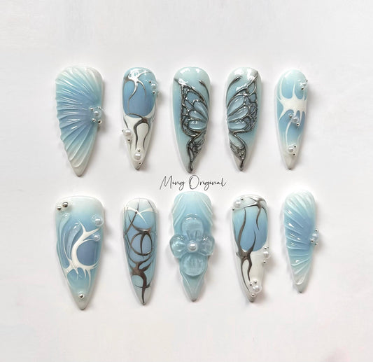 Free style silver Metallic chrome butterfly gothic Nail press on, blue 3d flower glue on fake nail, holiday birthday gift for her, MO323