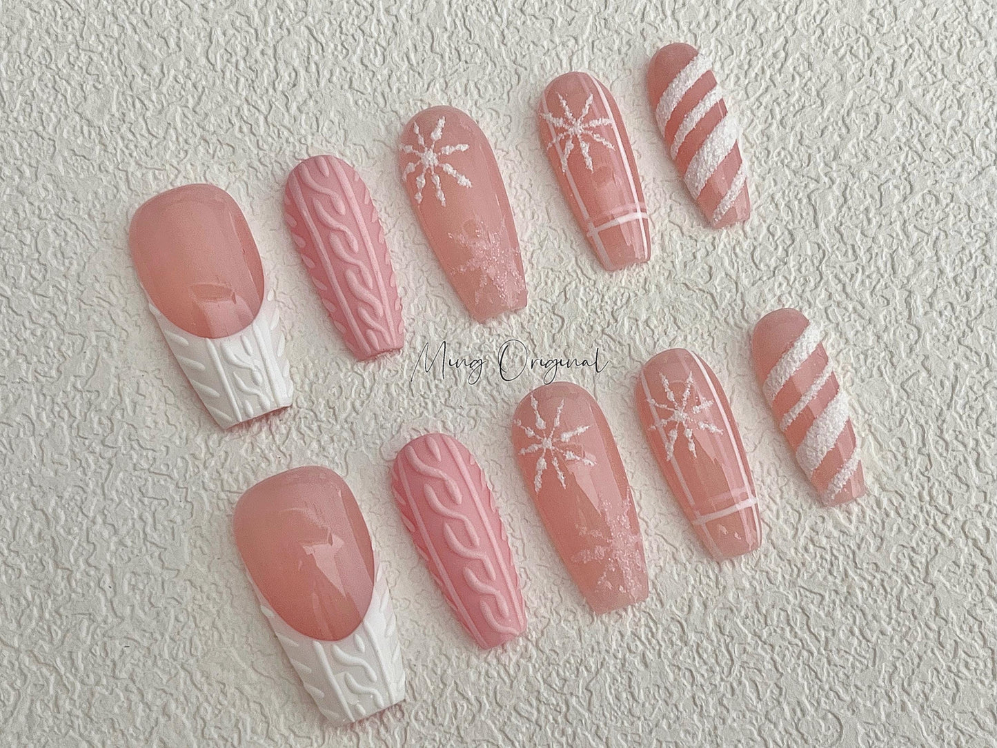 Pink Sweater Winter Xmas candy cane snowflake press on nails, Christmas and white glitter gel nail, glue on nail, gift for her,MO408