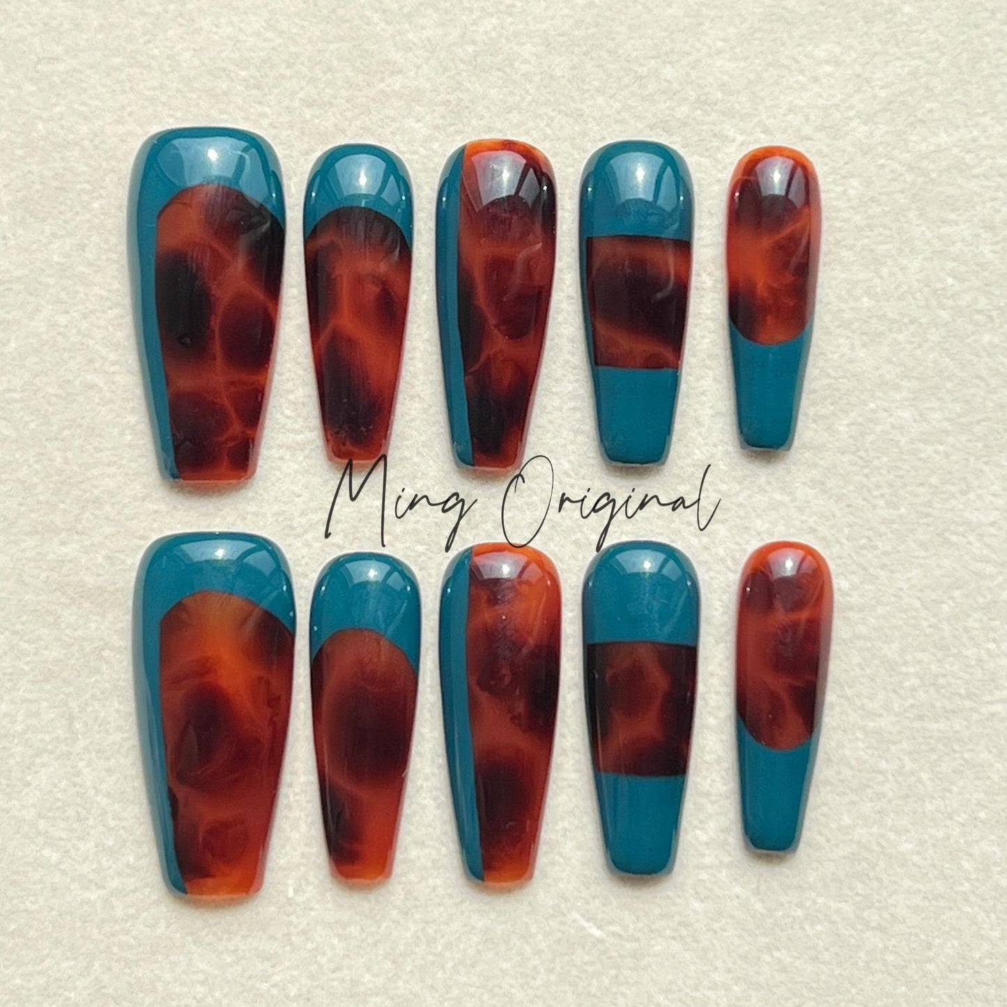 Tortoise Shell Amber water blooming Press on Nails, Blue Abstract handmade Nails, Jelly hand painted nail, fall winter nail