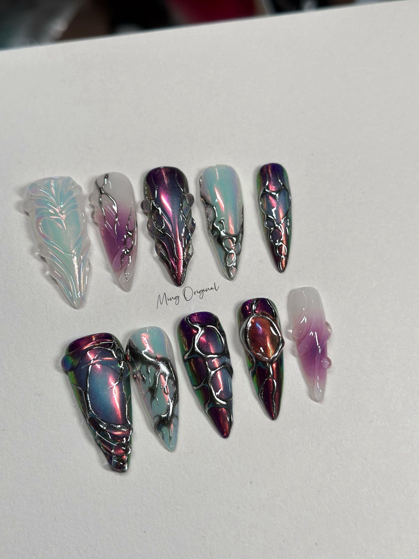 Free style chrome mirror gothic Nail press on, purple and black 3d Silver Metallic fake nail, holiday birthday gift for her, MO286