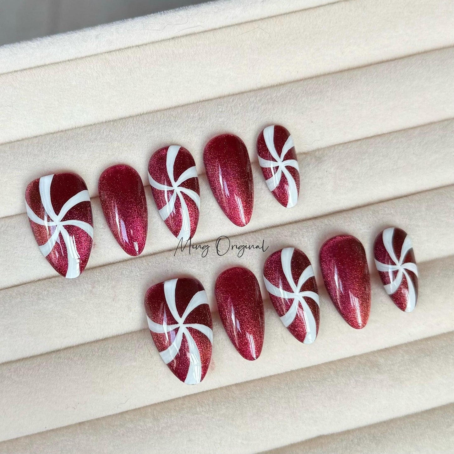 Festival candy cane cat eye press on Nail, red peppermint candy swirl nail, sparkling glue on nail, Xmas Gifts for Her, MO358