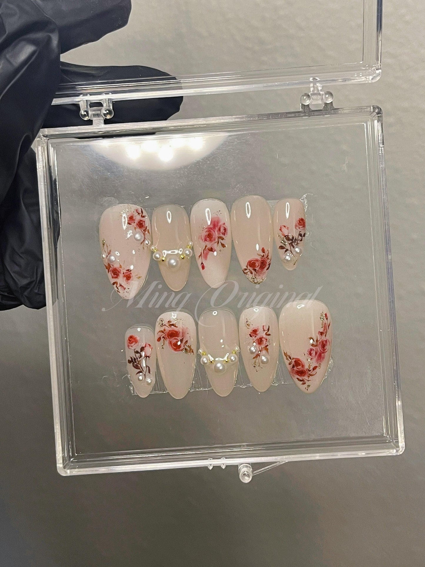 Nude Jelly Rose| Reusable Water Color Dry Rose Flower art nail, premium salon Press on Nail, French pearl nails, Handmade gel Nails