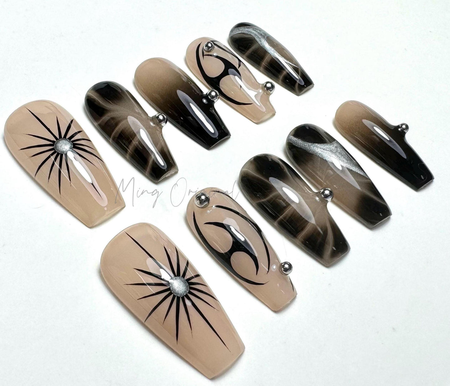 Free style croc nude ombre abstract line press on nails, Y2K star, french tip nail , fall season nail, hand painted nail