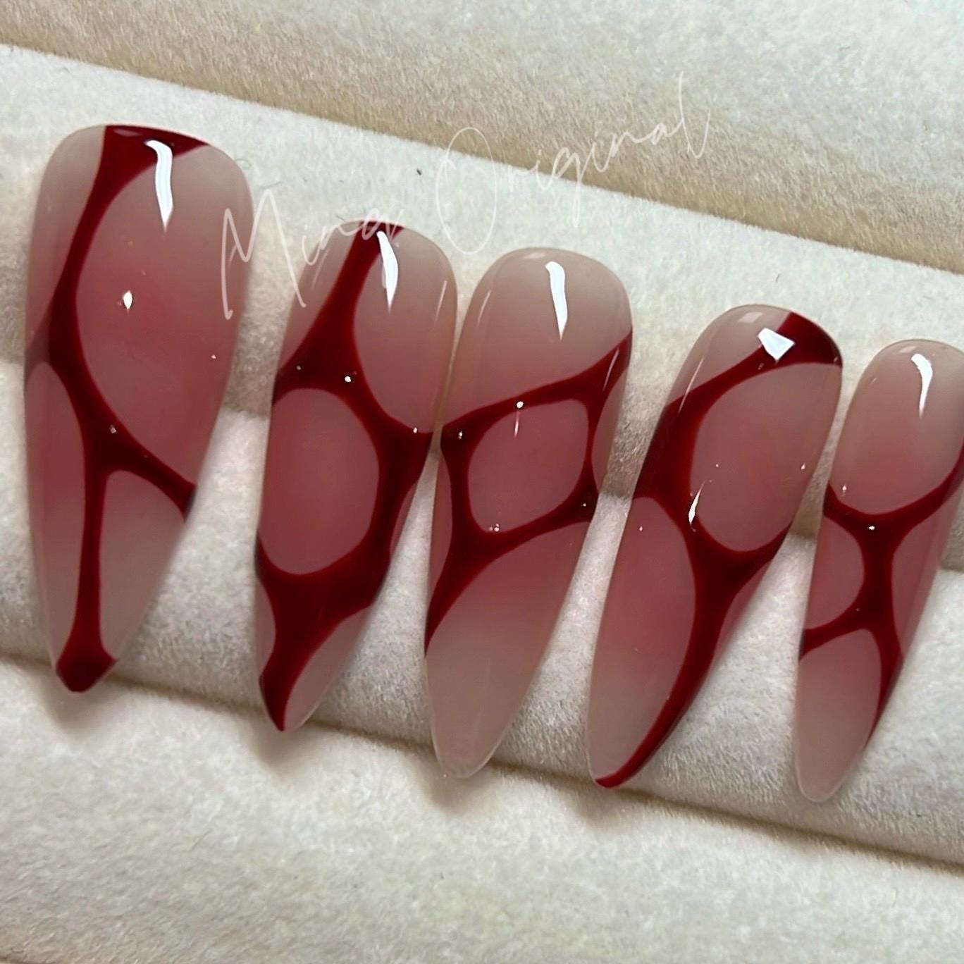 Bloody red blushed Halloween Spooky nail bloody press on nail, abstract line y2k nail, red blood vampire nail