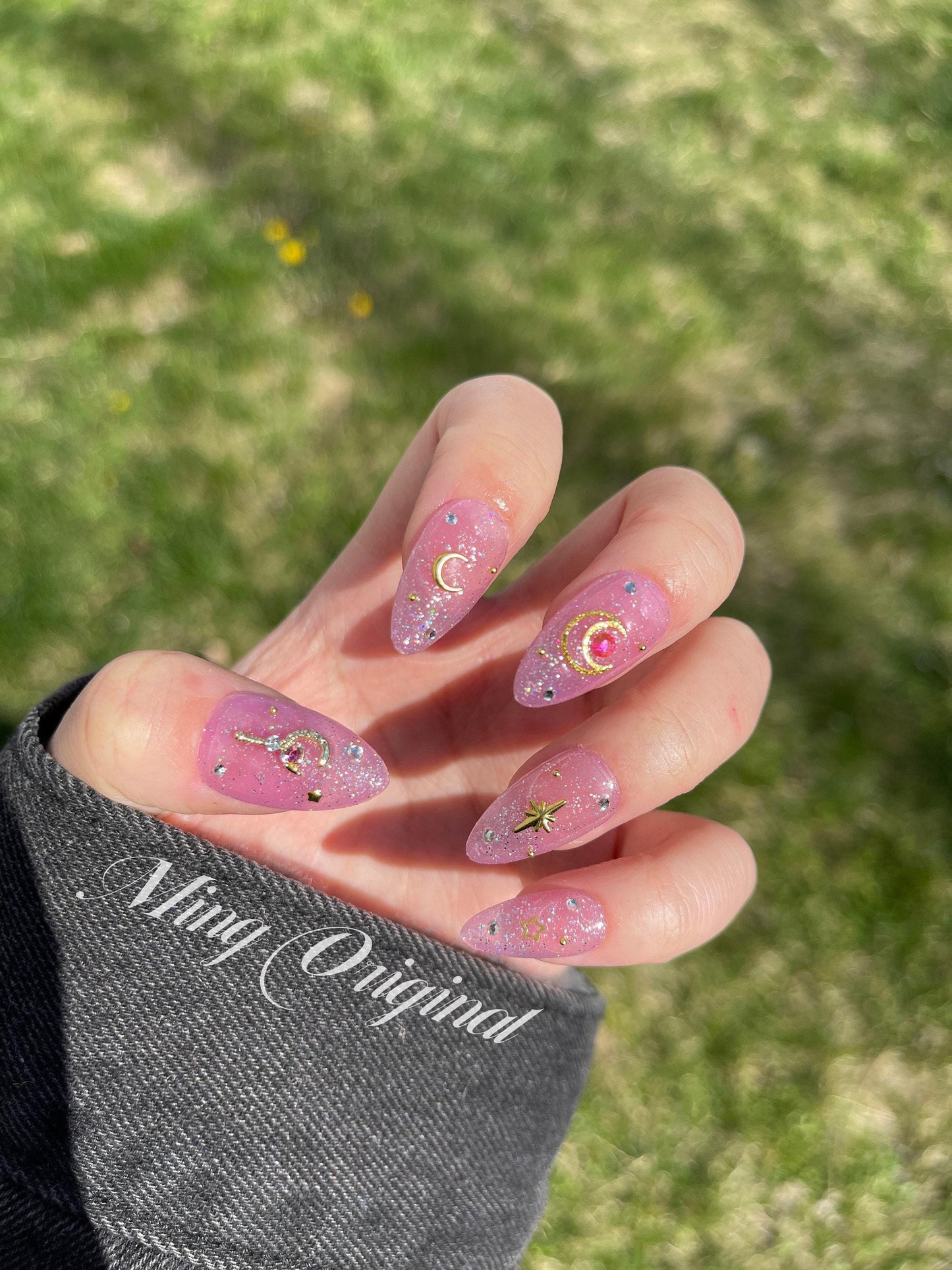 Pink holographic Glitter Sailor moon opal press on nail, pink gemstone with gold charm Fake nails, star and moon Rhinestone handmade gel na