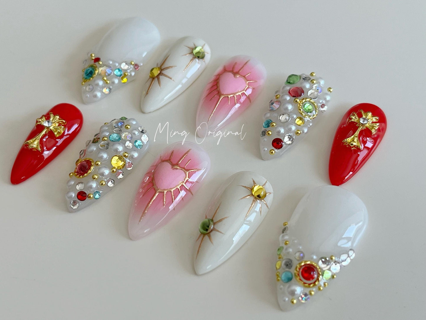 Pink Cupid love heart Press on Nails, chrome star free style multicolor rhinestone handmade Nails, valentine gift for her