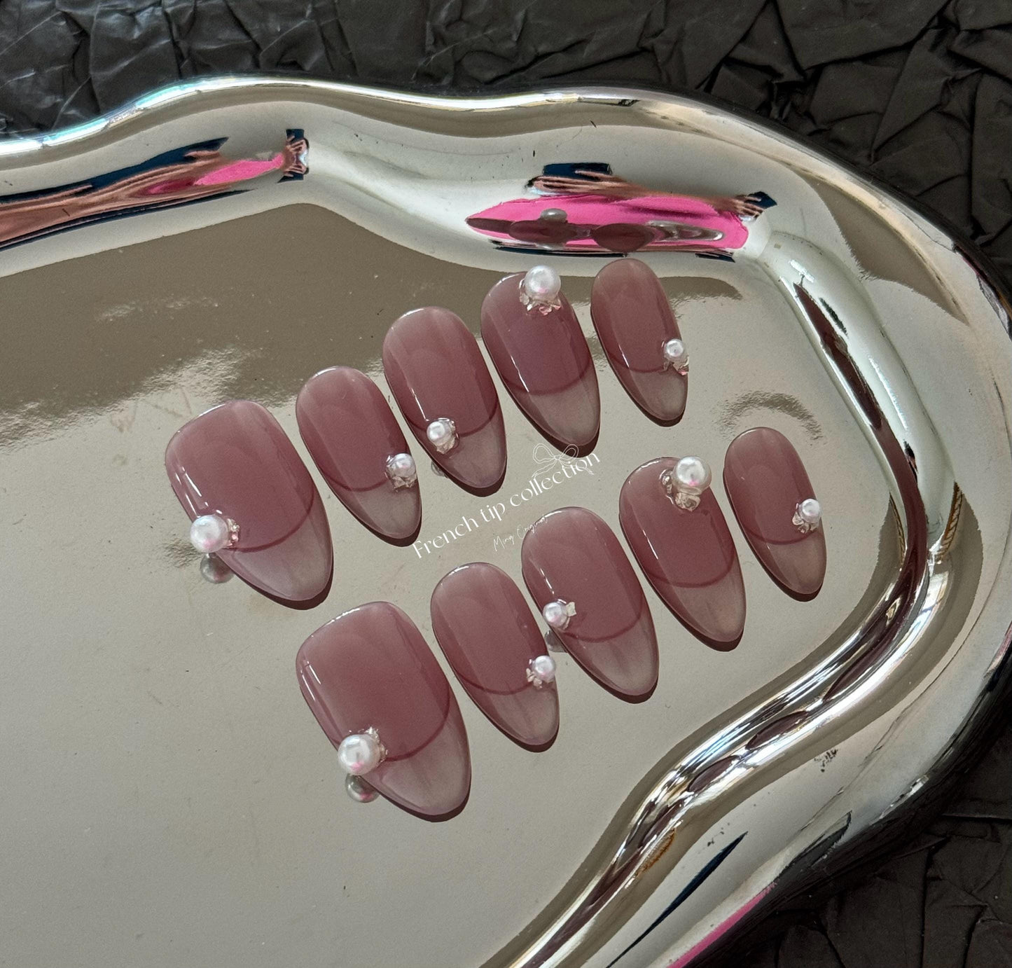 French Tip Collection| cute pink with pearl premium Press on Nails, handmade fake nails, gift for her,MO269