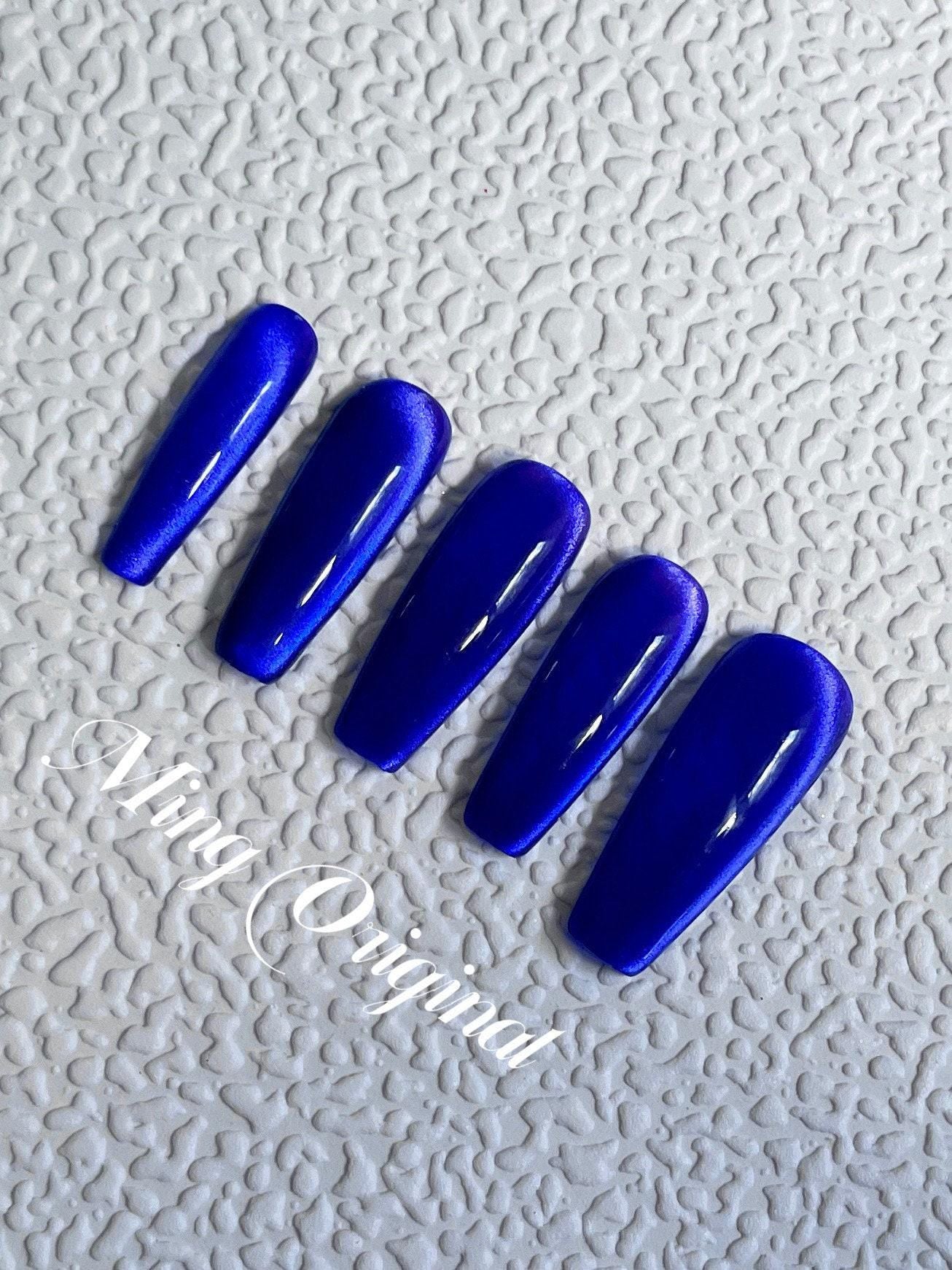 Mystery Blue Acrylic & press on nails, glue on cat eye nails, reuse nails, jelly fake nail, glitter shine gel nail