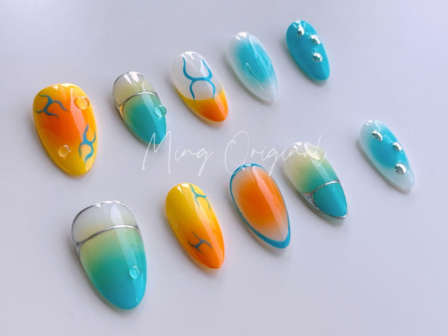 Cute summer y2k Free style airbrush press on nails, ombre color, French nails, ,hand painted candy color