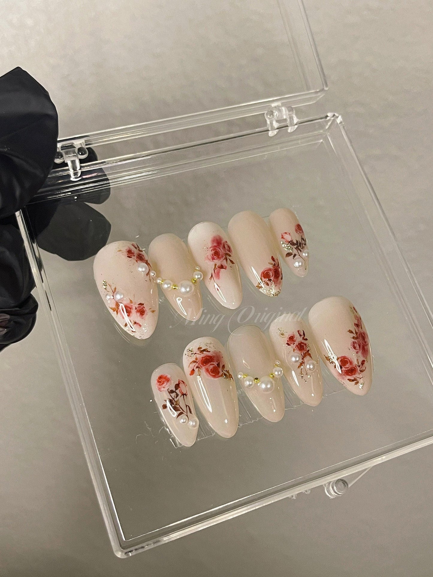 Nude Jelly Rose| Reusable Water Color Dry Rose Flower art nail, premium salon Press on Nail, French pearl nails, Handmade gel Nails