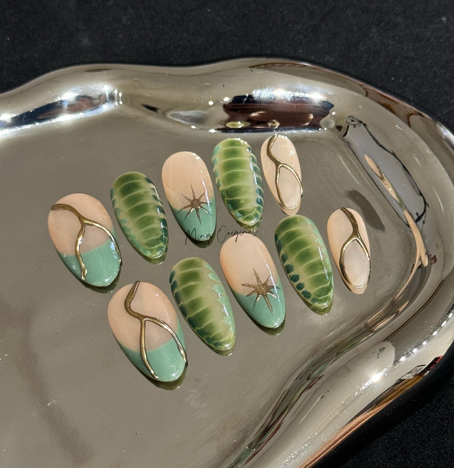 Green Croc skin snake skin design, Y2K chic French Tip press on nails, chrome star reusable nail, jelly fake nail, gift for her