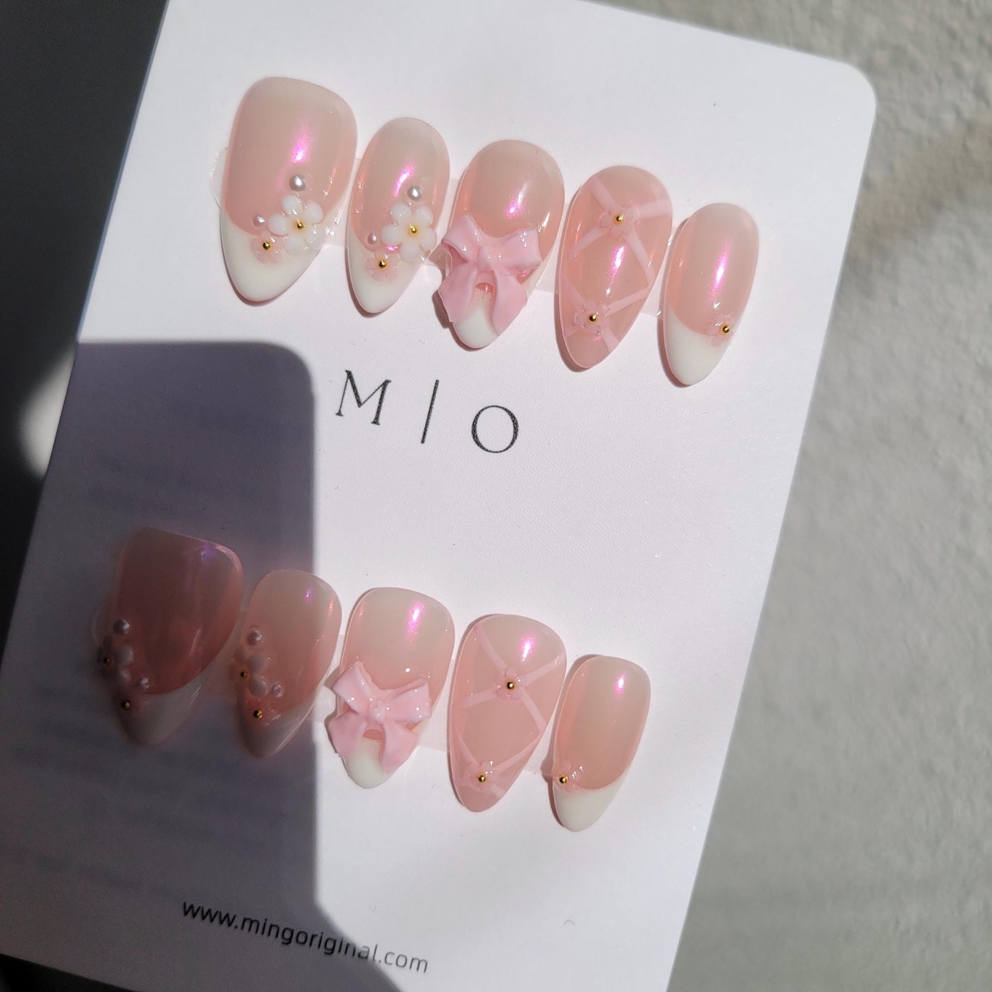 Pink little flower Press on Nails, French tip with bow coquette and ballet handmade Nails,MO277