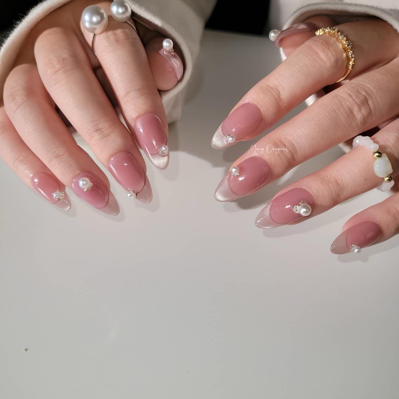 French Tip Collection| cute pink with pearl premium Press on Nails, handmade fake nails, gift for her,MO269