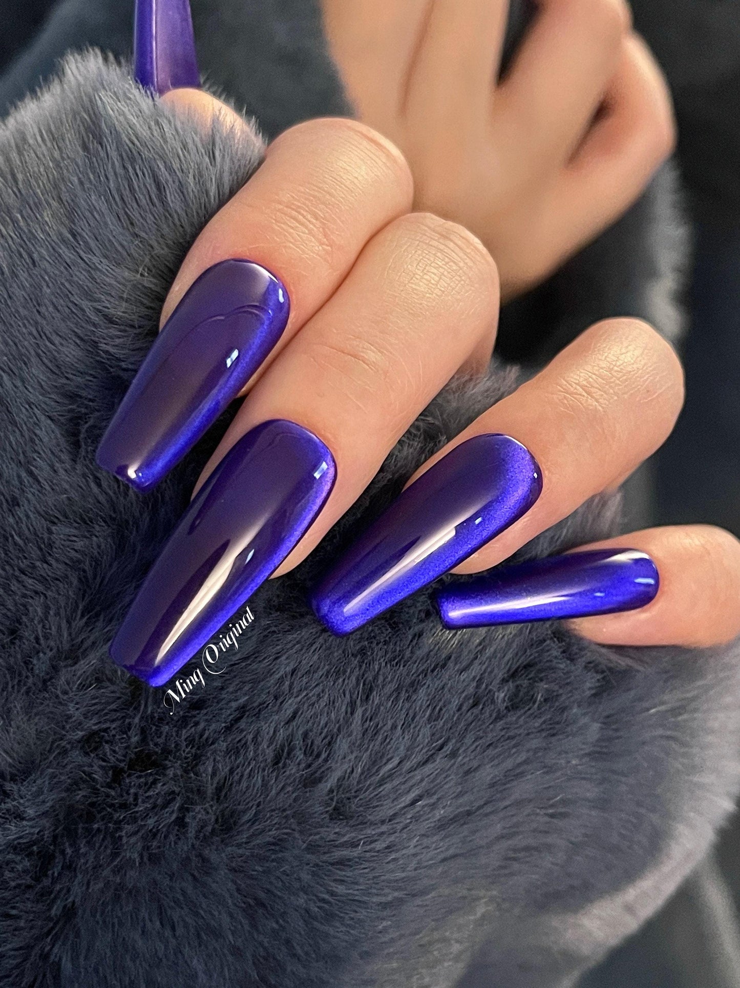 Mystery Blue Acrylic & press on nails, glue on cat eye nails, reuse nails, jelly fake nail, glitter shine gel nail