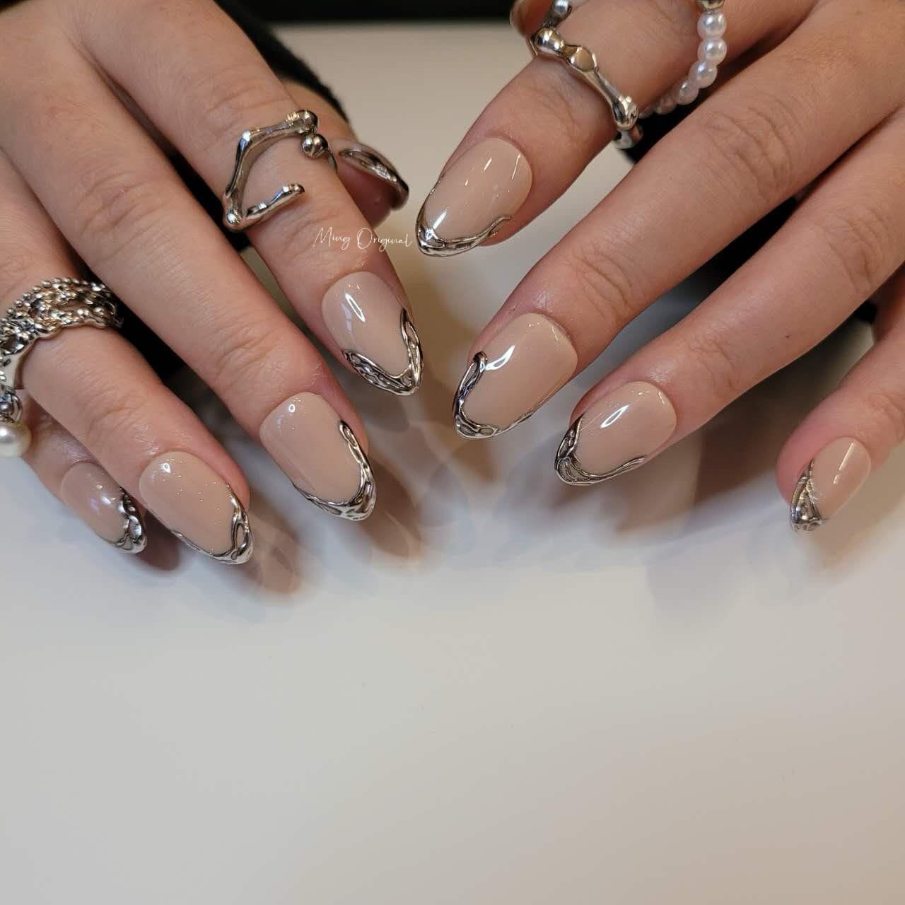 Silver chrome mirror gothic Nail press on, Fake nails, Metallic textured french tip nail, Luxury Handmade Nails, gift for her