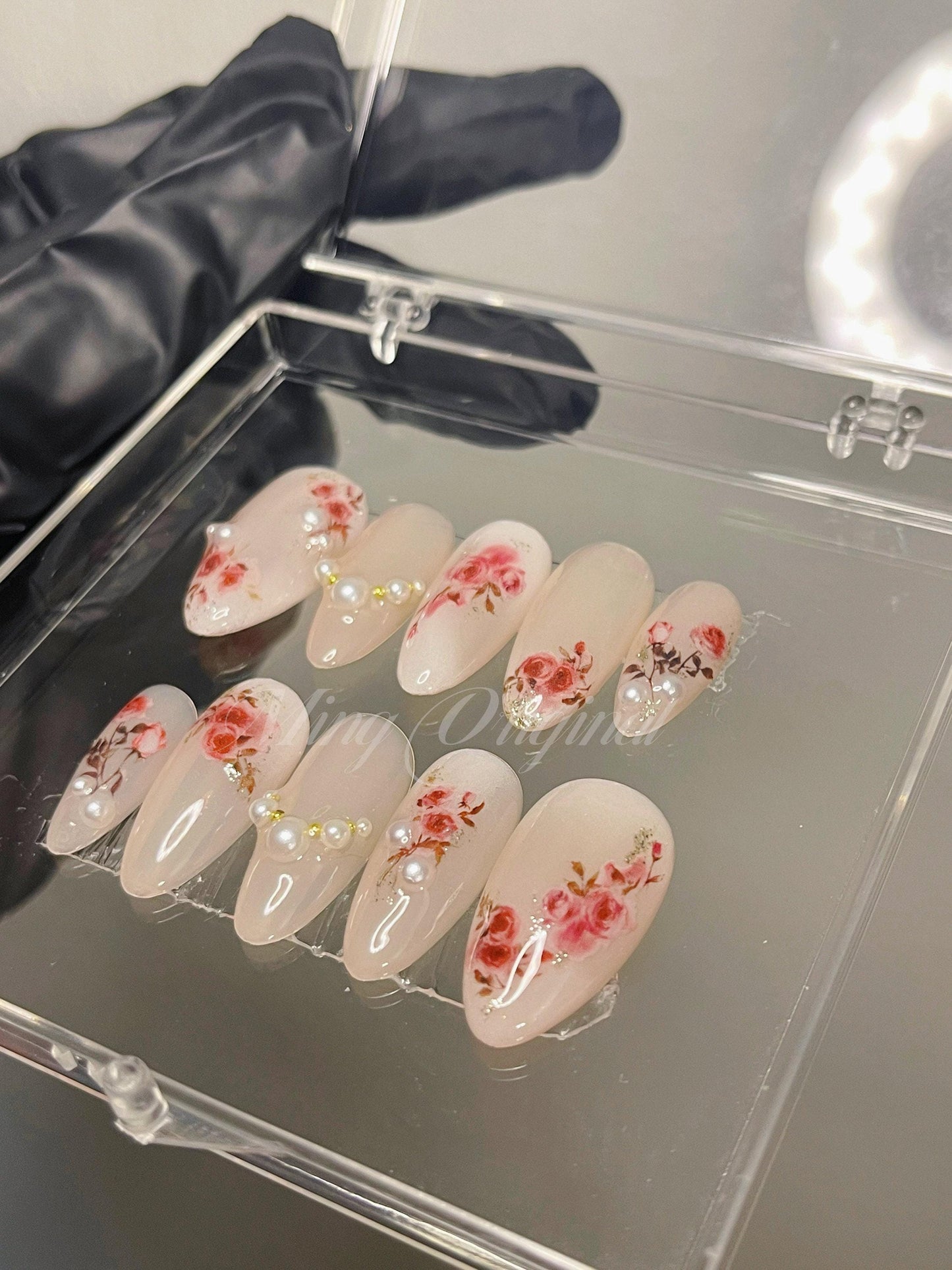 Nude Jelly Rose| Reusable Water Color Dry Rose Flower art nail, premium salon Press on Nail, French pearl nails, Handmade gel Nails