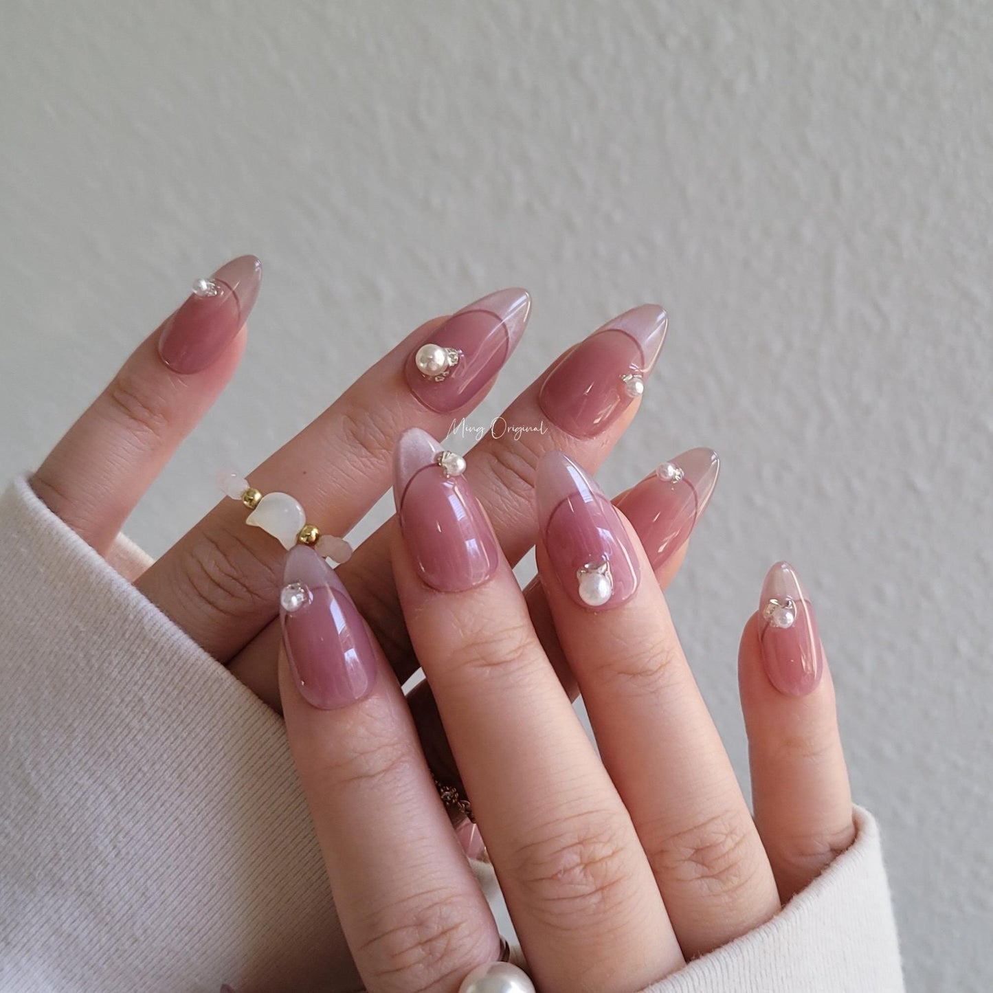 French Tip Collection| cute pink with pearl premium Press on Nails, handmade fake nails, gift for her,MO269