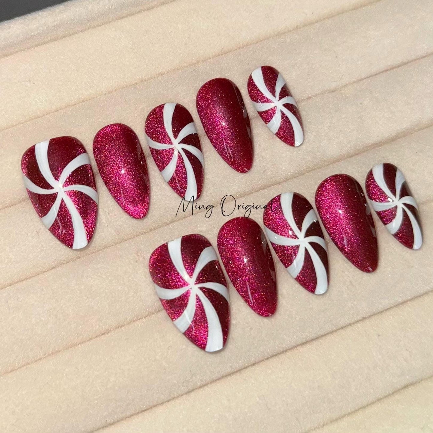 Festival candy cane cat eye press on Nail, red peppermint candy swirl nail, sparkling glue on nail, Xmas Gifts for Her, MO358